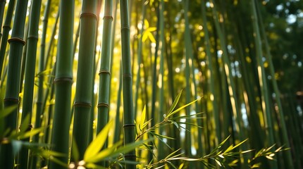 Close-up view of green bamboo stalks in a dense bamboo forest with sunlight filtering through leaves