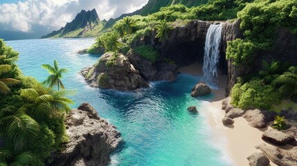 Fototapeta premium Dynamic drone perspective capturing the Napali Coast lush tropical peaks, rugged cliffs, and hidden beaches in a tropical paradise.