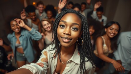 Obraz premium A lively group of diverse friends dances and shares laughter in a cozy indoor setting. Bright lights and joyful expressions create an inviting atmosphere as the night unfolds