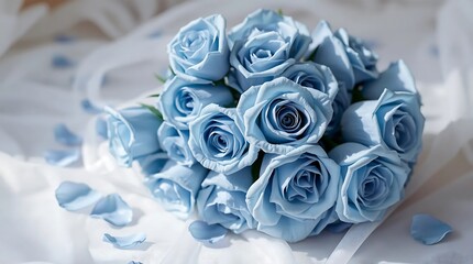 Elegant bouquet of blue roses on white fabric with scattered petals