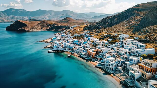 Stunning aerial view of Pollonia showcasing the beauty of Milos island in Greece, Aerial view of Pollonia town of Milos island in Greece