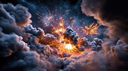 Explosive fireworks display painting the night sky with dynamic bursts of light, filling the air with glowing embers and smoke.