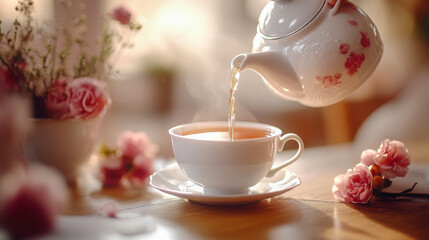 Fototapeta premium Elegant white teapot pours tea into a delicate cup surrounded by beautiful flowers in a cozy cafe setting