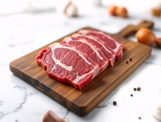 Fototapeta premium Fresh Raw Beef Steaks on Wooden Cutting Board with Herbs and Spices