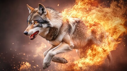 Obraz premium Fiery wolf spirit emerging from the burning trees, its fur blending with flames, symbolizing untamed power and resilience.