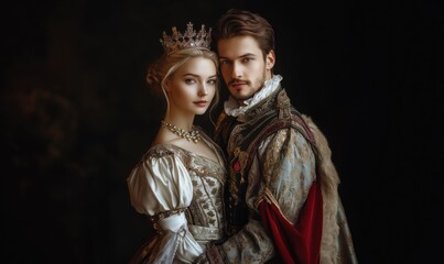 Couple in regal attire poses for a dramatic portrait, showcasing elegance and classic beauty in a richly detailed setting