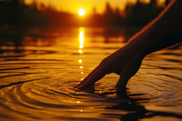 Man puts fingers down in lake kayaking against backdrop of golden sunset, unity harmony nature