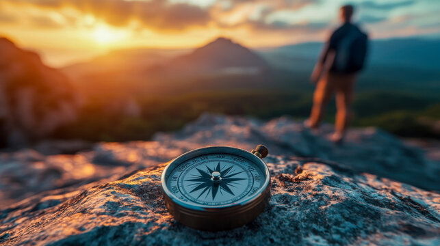 Exploring a rocky landscape at sunset with a compass in the foreground guiding the way