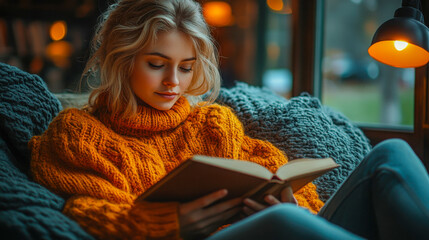 Cozy reading nook in warm evening light with a floor lamp and soft decor inviting relaxation and reflection