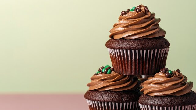 Delicious chocolate cupcakes stacked with creamy frosting and co