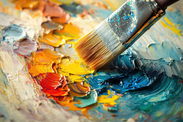 Obraz premium Artist brush mixed color oil painting on palette. Macro artist's palette. Palette with paintbrush. Artist paints a picture of oil paints. Art palette