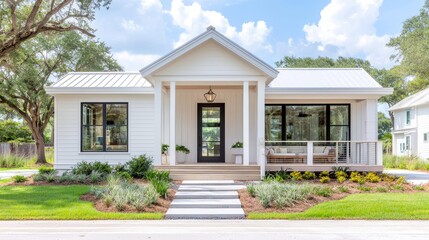 Fototapeta premium Coastal farmhouse, front porch, landscaping, sunny day, real estate listing