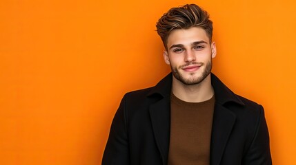 Fototapeta premium Handsome young man in autumn attire--black coat and brown sweater--posing against a striking orange wall, radiating confidence and warmth.