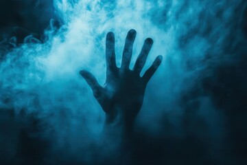 mysterious silhouetted hand emerging from dense fog, backlit by ethereal blue light, creating dramatic shadows and depth