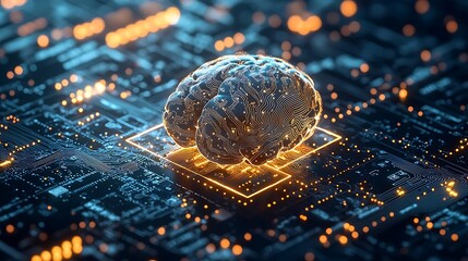 Artificial intelligence, human brain on circuit board, futuristic technology, glowing energy