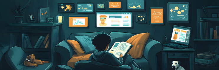 A cartoon-style illustration of an online student studying at home, surrounded by various digital devices displaying educational content
