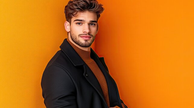 Handsome young man in autumn attire--black coat and brown sweater--posing against a striking orange wall, radiating confidence and warmth.