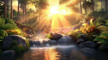 Hidden woodland stream sparkling under golden rays of sunlight, with ferns and moss-covered rocks enhancing the peaceful scenery.