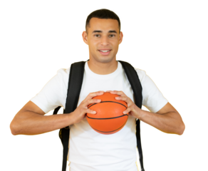 happy handsome student holding a basketball isolated over transparent background. PNG transparent