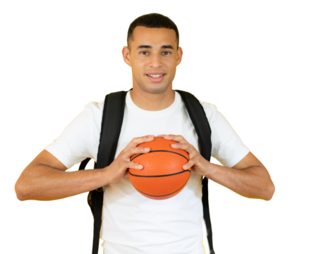 happy handsome student holding a basketball isolated over transparent background. PNG transparent