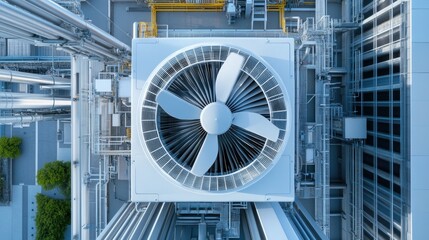 Fototapeta premium High-angle rotating shot of a rooftop air conditioning unit, with its blades spinning rapidly, ensuring ventilation for an industrial facility.