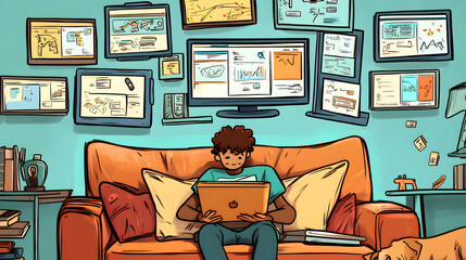 A cartoon-style illustration of an online student studying at home, surrounded by various digital devices displaying educational content
