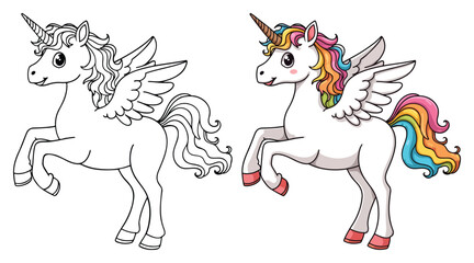 Unicorn Pegasus Isolated Line Art Vector Outline Illustration Black and White with Coloring Sample