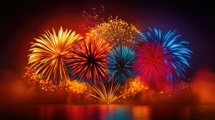 Intense fireworks display with rapid bursts of fiery red and shimmering gold, creating a mesmerizing show of explosive beauty.