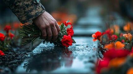 Soldier Places Bouquet of Flowers at Memorial with Respect and Care