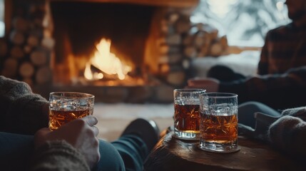Alcohol consumption at a rustic lodge with whiskey and a roaring fireplace. Featuring coziness and winter