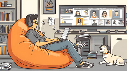 A cartoon-style illustration of an online student studying at home, surrounded by various digital devices displaying educational content
