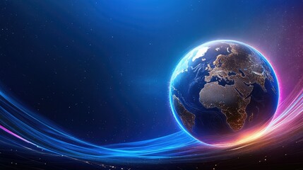 Obraz premium Modern global connectivity concept featuring a glowing blue earth with motion trails and data flow across a sleek technological background.
