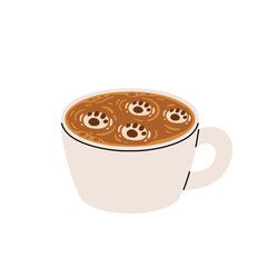 Set of cute Coffee Cups with Latte Art. Collection of coffee drinks with variety latte art heart, leaf, bear, cat, Flower. Cafe Bar or Coffee House Graphics. Vector Illustration