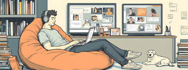 A cartoon-style illustration of an online student studying at home, surrounded by various digital devices displaying educational content
