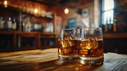 Alcohol consumption at a rustic pub with whiskey and exposed brick walls. Featuring tradition and comfort