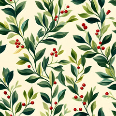 Watercolor Floral Seamless Pattern  Green Leaves   Red Berries