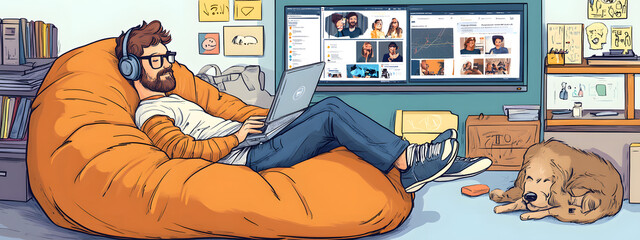 A cartoon-style illustration of an online student studying at home, surrounded by various digital devices displaying educational content
