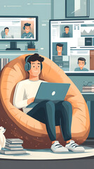 A cartoon-style illustration of an online student studying at home, surrounded by various digital devices displaying educational content
