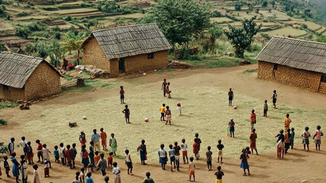 Kids engaged in joyful soccer game on village field in Africa surrounded by grass and simple homes, African kids gathering in soccer field of small village - wide, high shot