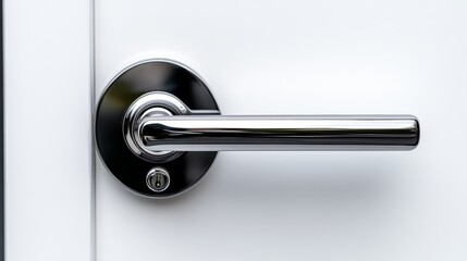 Close-up view of a shiny modern door handle on a sleek white door enhancing interior design aesthetics