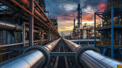 Industrial Landscape: A striking view of an industrial plant, featuring pipelines and equipment, set against a dramatic sunset sky.
