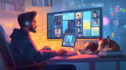 A cartoon-style illustration of an online student studying at home, surrounded by various digital devices displaying educational content
