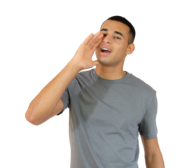 Handsome young man holding hand near opened mouth isolated over transparent background. PNG transparent