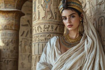 Portrait of an egyptian style woman standing in front of temple columns covered with hieroglyphics, showcasing history and elegance, wearing gold headdress and jewelry.