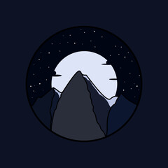 Beautiful and minimalist mountain and moon design with starry sky, landscape design in circle