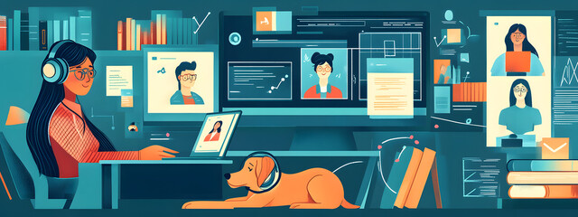 A cartoon-style illustration of an online student studying at home, surrounded by various digital devices displaying educational content

