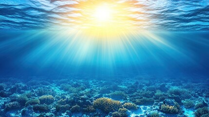 Obraz premium Underwater coral reef, sunbeams, vibrant blue, peaceful scene