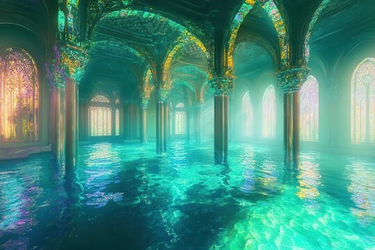 mystical underwater crystal palace, bioluminescent coral architecture, ethereal light filtering through turquoise waters, merfolk kingdom with floating gardens, photorealistic digital art