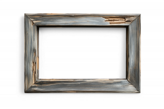 Rustic wooden frame with weathered texture and empty center on transparent background