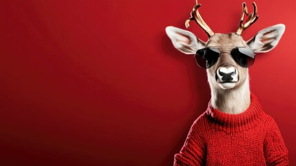 Stylish reindeer with aviator sunglasses and a festive red knit sweater, standing coolly in front of a bold red backdrop.